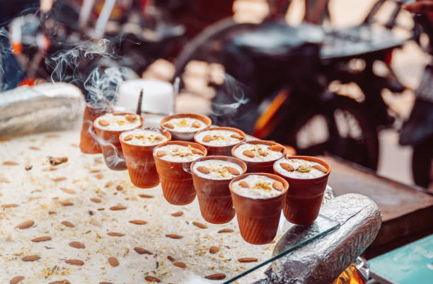 clay cups with lassi at stall in delhi