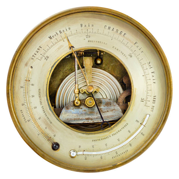 Vintage ornamental barometer with English text isolated on a white background
