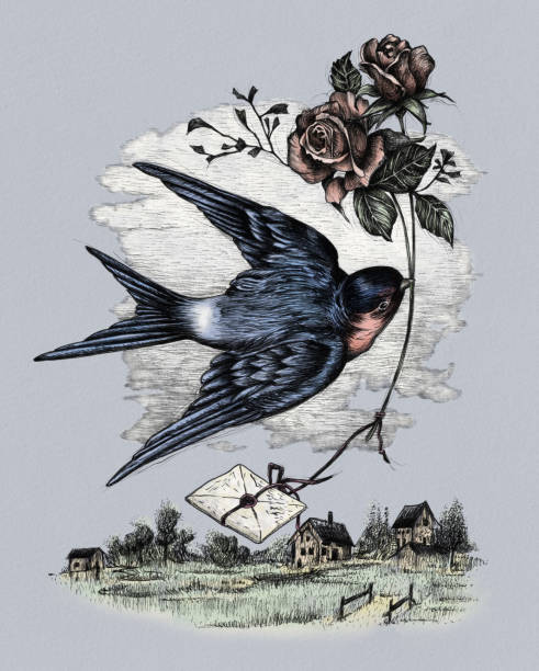 This enchanting illustration captures the delicate beauty of a swallow gracefully holding a rose in its beak. The intricate details of the bird's feathers and the soft petals of the rose create a harmonious blend of nature's elegance. Perfect for adding a touch of whimsy and charm to any space, this artwork is a delightful reminder of love and freedom.