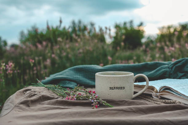 istock Cup with text BLESSED and open Bible in the garden, good morning 2195482402