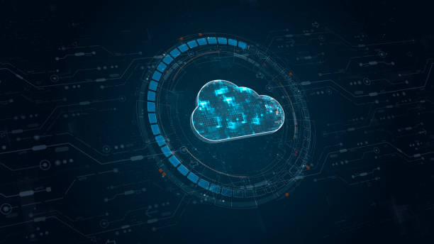 istock Blue digital cloud computing logo and circle futuristic HUD elements with flowing arrows storage big data backup concepts on abstract background 2195489146