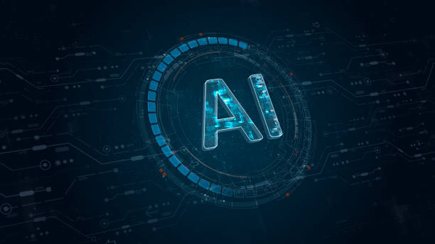 istock Blue digital AI letter and circle futuristic HUD elements with flowing arrows with Ai chatbot and machine learning technology and ai assistance concepts on abstract background 2195489159