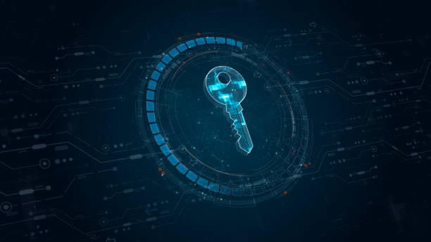 istock Blue digital security key logo and circle futuristic HUD elements with flowing arrows with network firewall technology and data secure concepts on abstract background 2195489161