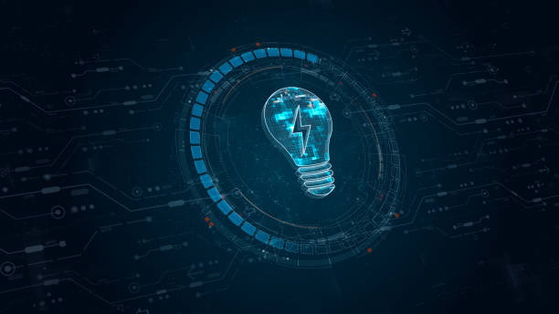 istock Blue digital lamp logo and circle futuristic HUD elements with flowing arrows with lightbulb and ideas concept on abstract background 2195489168