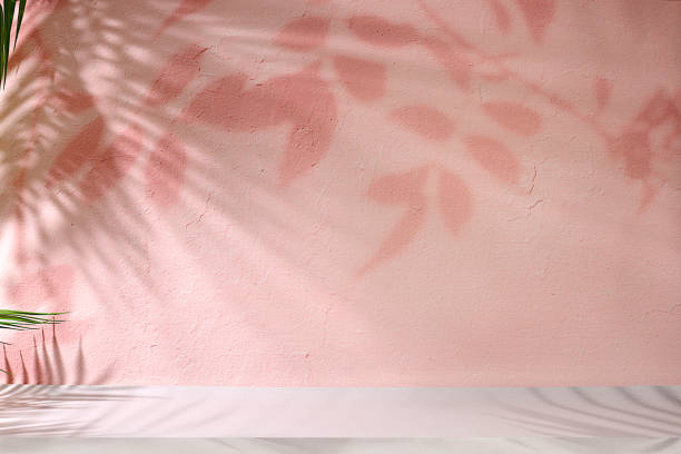 istock Premium empty podium with tropical leaves shadows on pink concrete wall, minimal abstract background for cosmetics product presentation, design template, podium on pedestal, 2195496942