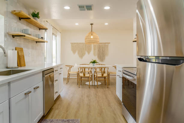 istock Modern Kitchen with White Cabinets and Stainless Steel Appliances 2195501909