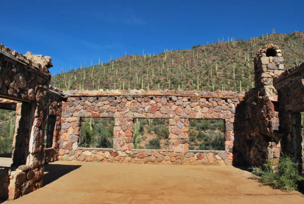Stone building surrounded by cacti