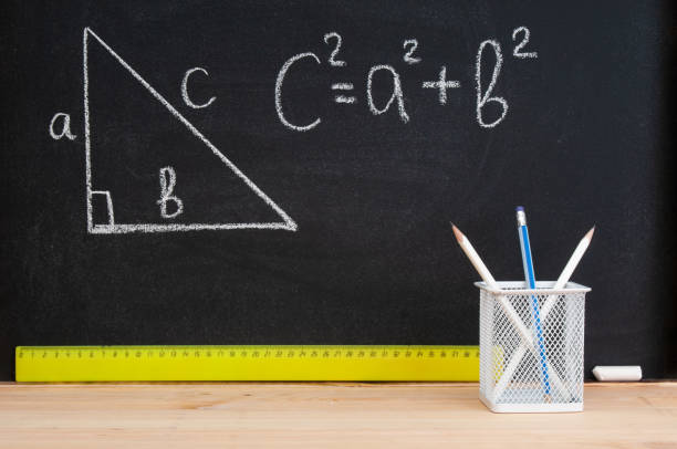 Pencil holder and ruler  in front of black chalkboard with Pythagorean theorem