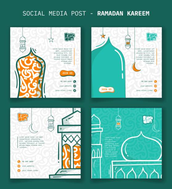 Ramadan kareem. Set of social media post template with doodle art and cartoon line art design Ramadan kareem. Set of social media post template with doodle art and cartoon line art design of lantern and mosque. arabic letters background. ramadan kareem campaign design wild posting ad stock illustrations