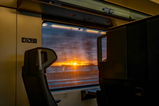 Interior of international fast train in sunset color evening near Prague CZ 01 11 2025