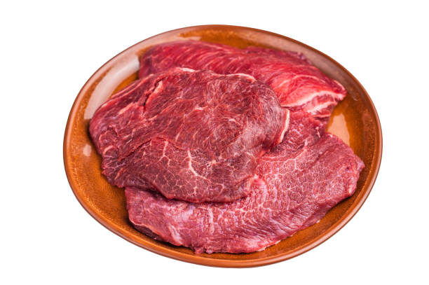 istock Traditional German beef cheeks, raw meat in plate Isolated on white background. top view 2195519019