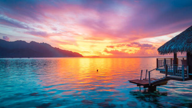 Colorful sky at dusk, Moorea Island, French Polynesia.
