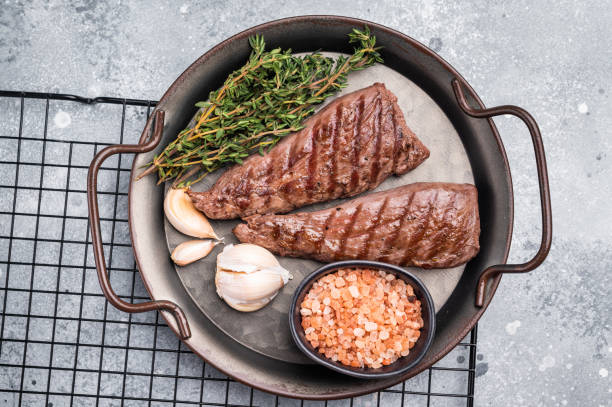 istock Grilled Mutton tenderloin fillet steak, lamb meat with herbs. grey background. top view 2195524954