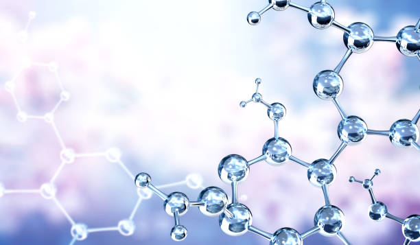 istock Horizontal banner with model of abstract molecular structure. Background of blue color with glass atom model. Copy space for your text. 3d render 2195533559
