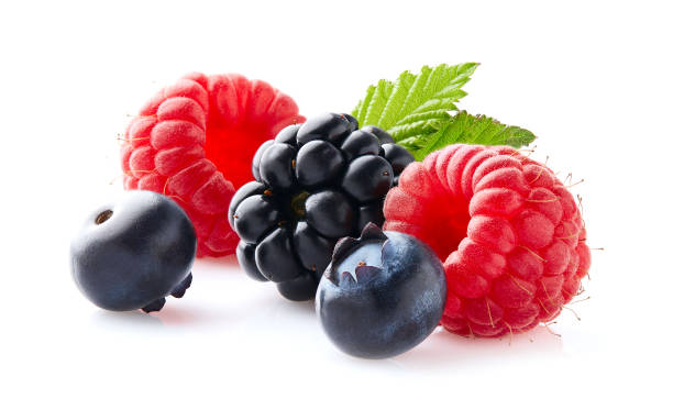 istock Fresh berries with leaves on white background 2195547691
