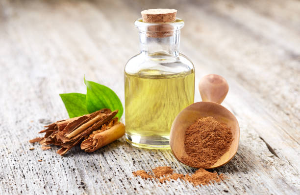 istock Cinnamon bark with essential oil on wooden background 2195548365