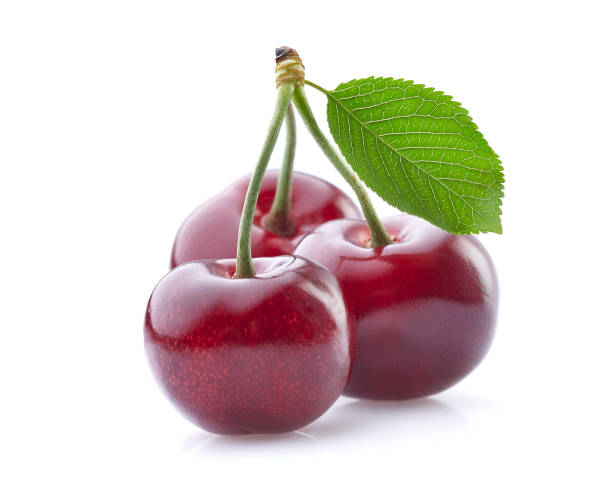 istock Sweet cherry with leaves on white background 2195548732