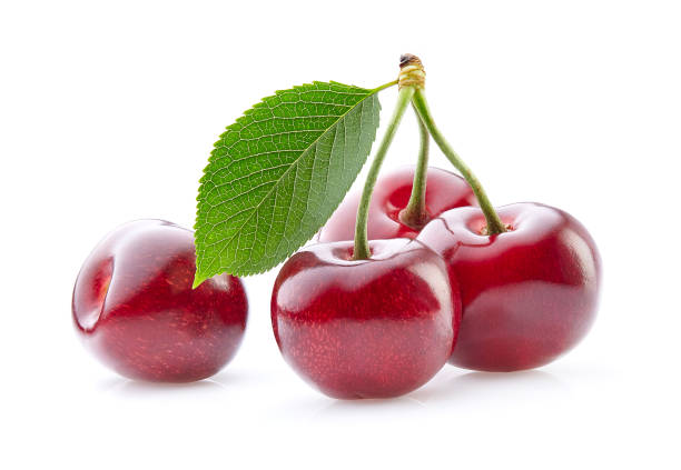 istock Sweet cherry with leaves on white background 2195548760