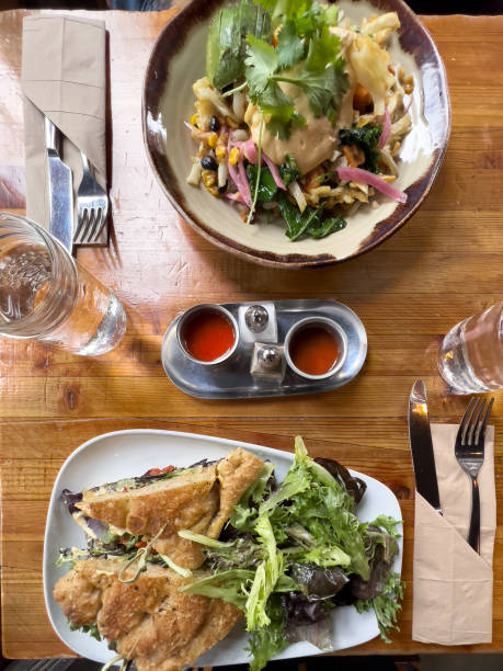 istock Healthy Vegan Lunch at Cafe for Two People, Flat Lay 2195552472