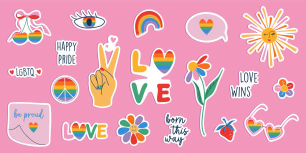 istock Happy Pride LGBTQ element set. LGBTQ community symbols with groovy retro elements. Pride month stickers with slogans and phrases. Hand drawn flat design vector illustrations. 2195554379