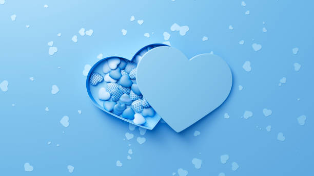 istock Blue opened heart-shaped box with blue hearts inside on a blue background with confetti. Valentine's day romantic concept. 3d render illustration 2195559970