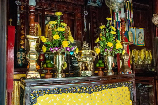 Hue, Vietnam - nov 24,  2013 : altar and sacred furnishings inside the Tu Duc Tomb complex, on the Perfume River near Hue