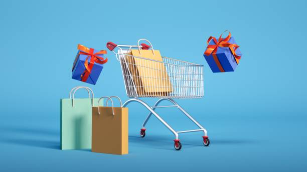 istock 3D render showcasing a shopping cart with gift boxes,an isometric view, a blue backdrop, and floating objects, highlighting e-commerce. 2195570341