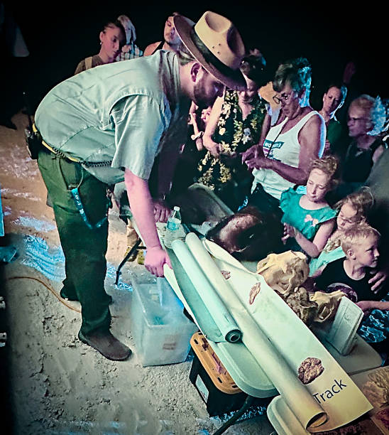 Plaster casts of fossilized footprints are displayed at southern New Mexico’s White Sands National Park during a special full moon program on August 19, 2024. During the public presentation, a park ranger used slides and exhibits illustrating how ancient human and Ice Age animal footprints are intertwined in a time period from 21,000 to 23,000 years ago. This means humans appeared on the North American continent thousands of years earlier than first thought.