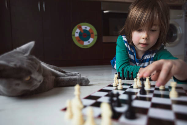 istock Little blond child playing chess while his cat resting next to him. 2195576232