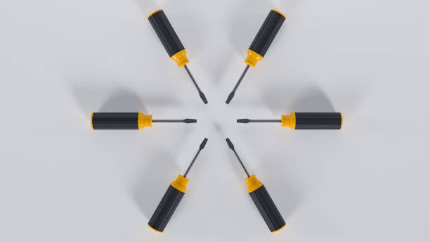 istock Illustration of six screwdrivers arranged in a symmetrical, circular pattern against a white background 2195579477