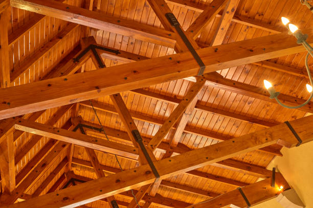 istock Wooden Ceiling With Beams and Lights Showcasing Rustic Architectural Details 2195579856