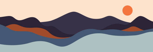 Abstract landscape poster. Nature wall decor contemporary art print, mid century mountain background. Vector illustration 10 eps.
