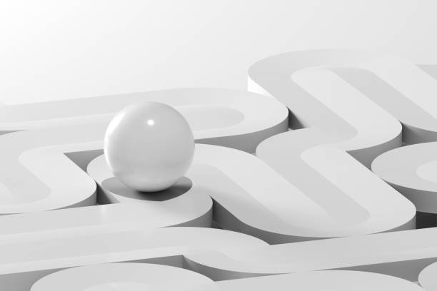 A ball rolls along curved paths of the labyrinth, computer graphic design. Abstract white installation, 3d rendering illustration