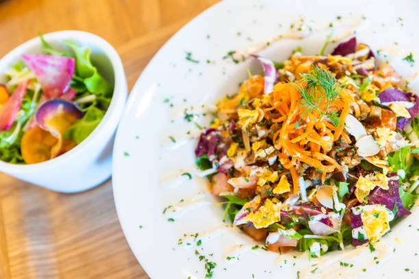 A colorful Japanese vegan taco style salad dish.