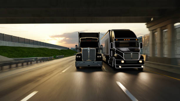 istock American style truck on freeway pulling load. Transportation theme. 3D illustration 2195595876