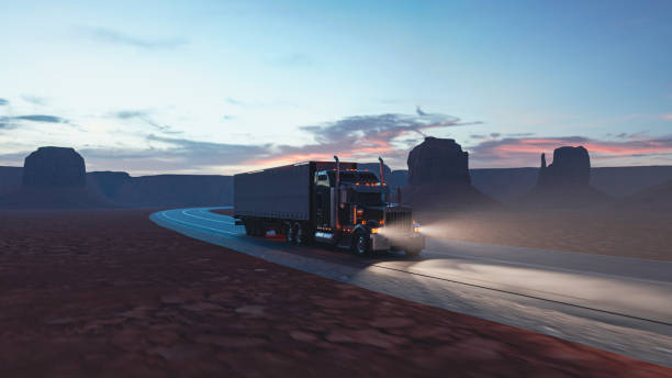 American style truck on freeway pulling load. Transportation theme. 3D illustration
