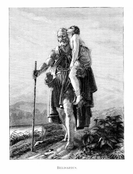 Belisarius (500—565 AD),  a brilliant Byzantine commander  under Emperor Justinian I. However, centuries after Belisarius' death, a legend sprang up that the emperor ordered Belisarius' eyes to be blinded so he was forced to become a beggar. In this illustration, blinded Belisarius is having compassion on an ill boy. Engraving published 1882. Original edition is from my own archives. Copyright has expired and is in Public Domain.