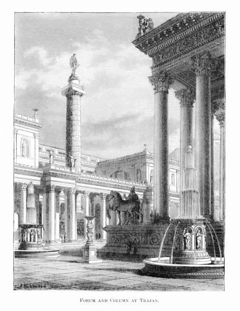 A Roman triumphal column in Rome, Italy, commemorating Roman emperor Trajan's victory in Dacian Wars.   Illustration published 1882. Original edition is from my own archives. Copyright has expired and is in Public Domain.