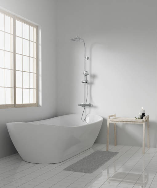 istock Minimalist bathroom design with freestanding bathtub and natural light, 3D render illustration. 2195601963