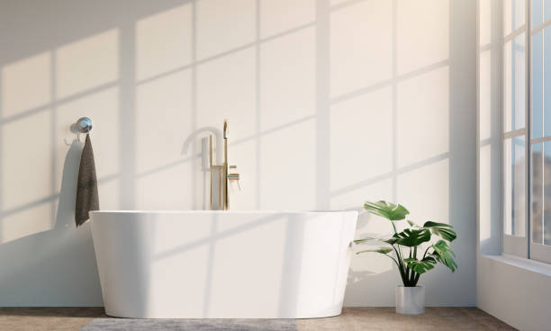 istock Modern and minimalist spa bathroom scene with elegant freestanding tub, 3D render illustration. 2195602014