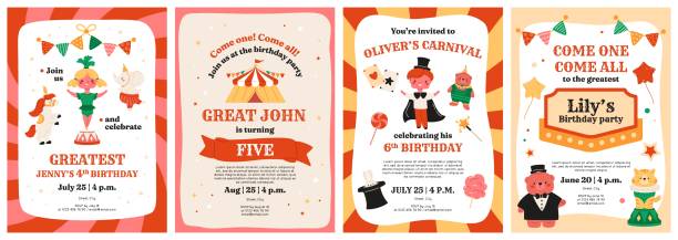 Kids party banner design with boy, girl and cute animals. Fair event, carnival celebrate posters. Vector illustrations.