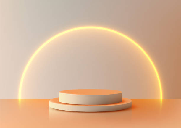 istock Elegant 3D Podium with Peach Glow and Neon Arch for Modern Product Display 2195607853