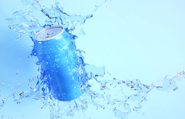 istock Soda can with water splash on blue background 2195608587