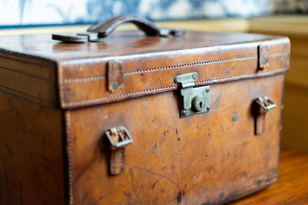 istock Vintage leather storage box with latch closeup 2195616407