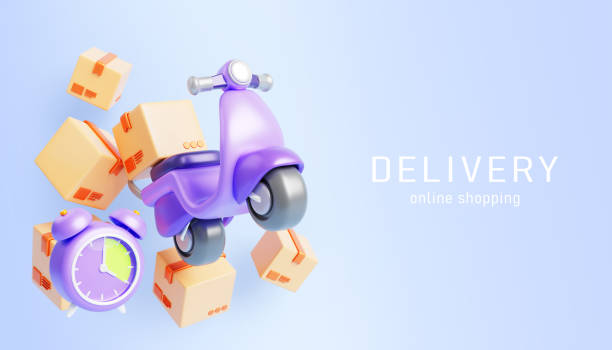 3d fast order delivery render banner. Scooter with box and countdown clock delivers food, goods, parcels. Online service express shipping, moped with cardboard package. Shopping time