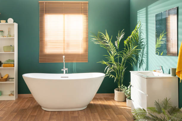 istock Cozy Empty Modern Bathroom Background elegant Decorations And Green Plants Indoors. Interior Design 2195619262