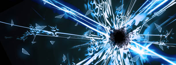 istock 3D illustration of blue broken glass splashes on a dark background 2195623871