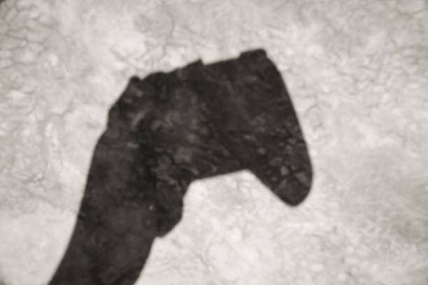 Silhouette shadow of hand holding gamepad. Monochrome photo with cement wall background. Game controller and joystick. Negative space. Wallpaper Backgrounds. Graphic design and illustration