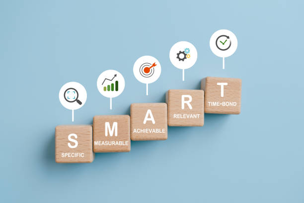 istock Smart goal for business strategy concept. specific, measurable, achievable, relevant and time-bound text on wooden block with icons on blue background 2195639357