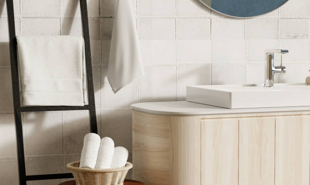 istock Modern bathroom interior design with stylish furnishings, 3D render illustration. 2195640280